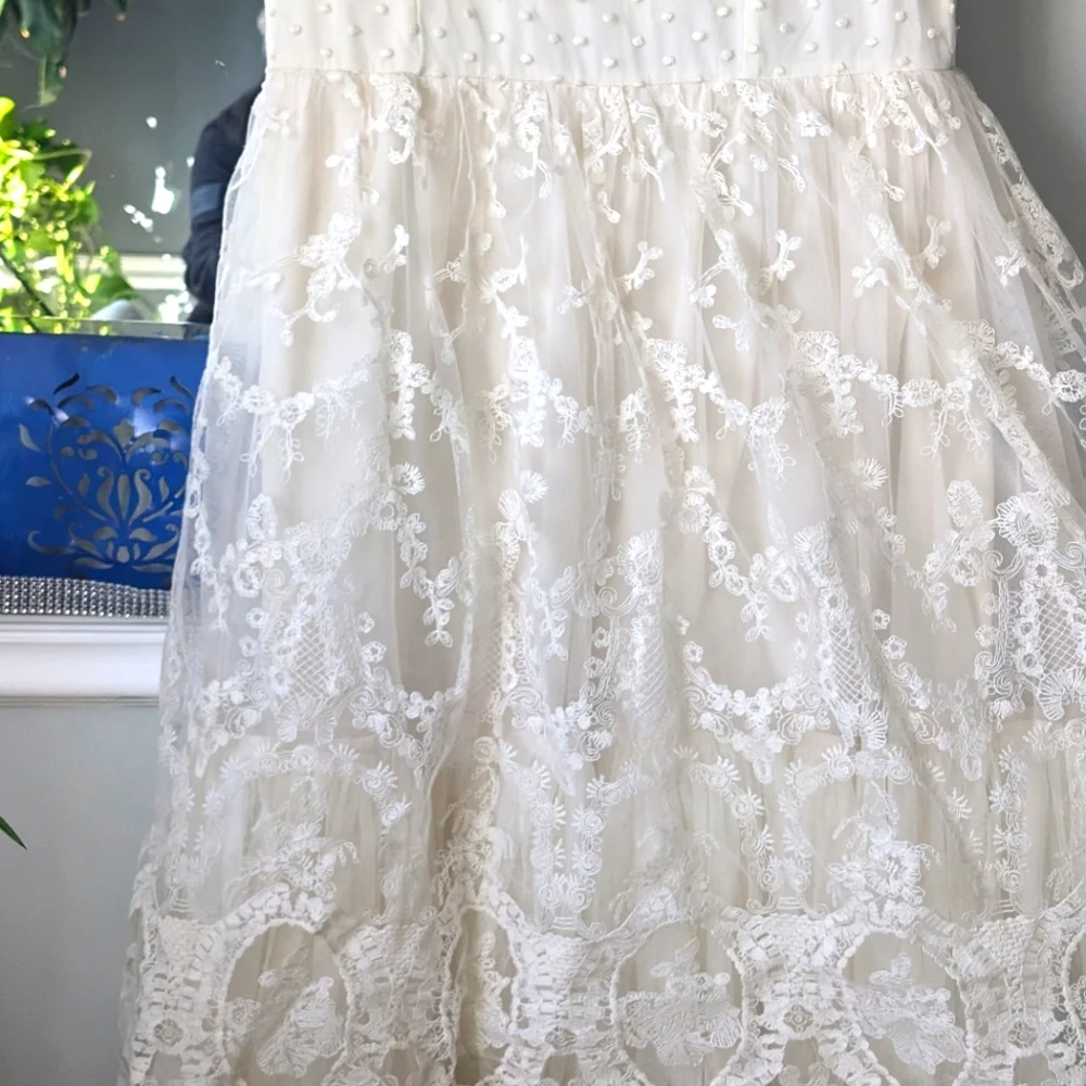 Geode x Anthropologie Floral Lace Swiss Dot Short Sleeve Midi Wedding Dress - Picture 4 of 11